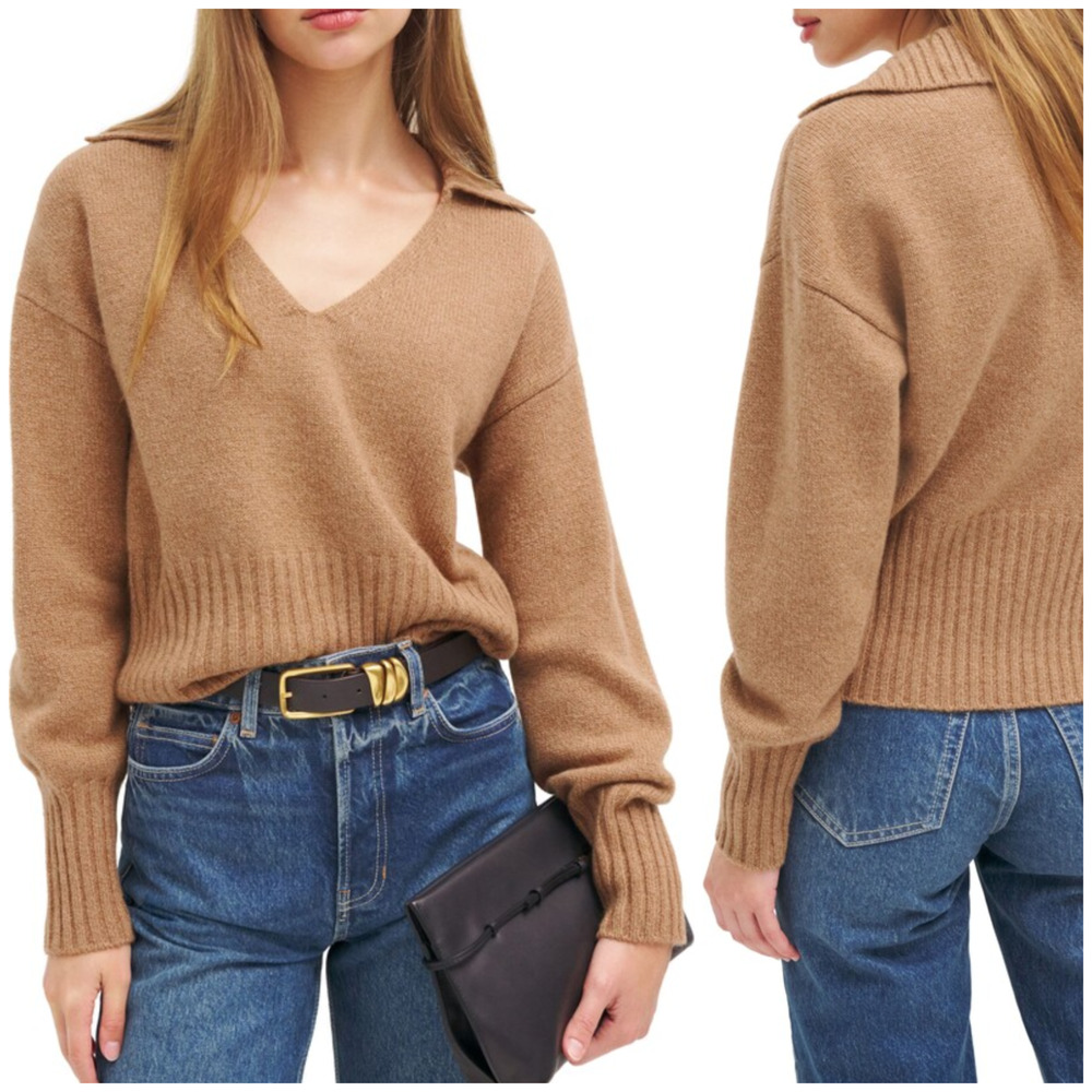 Reformation Beckie Cashmere Collared Sweater light Brown XS $248